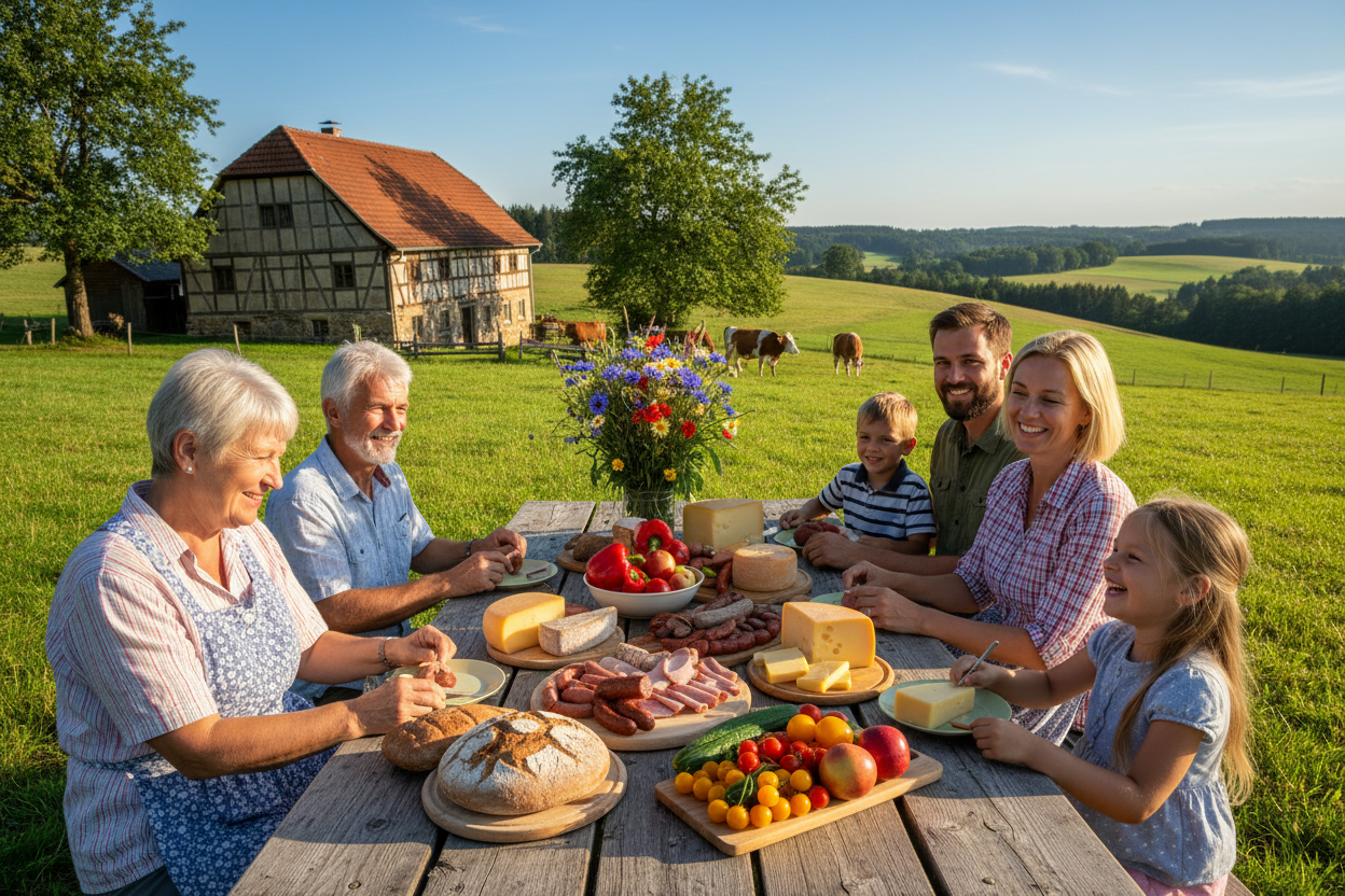 Generiere mir ein Bild an dem Sex Menschen an einem Tisch sitzen Opa, Oma Vater Mutter, Sohn Tochter. An einem Sommertag in der schönen Rhönlandschaft mit einem alten Bauernhaus im Hintergrund und drei Kühen auf der Wiese. Die Sonne scheint auf den Tisch. Es ist eine Art Picknick auf dem Tisch Ist dein Lebensmittel reichlich vorhanden wie Bauern, Wurst Aufschnitt, Wurst Kopf Käse Gemüse 34 Äpfel und ein schöner Blumenstrauß 